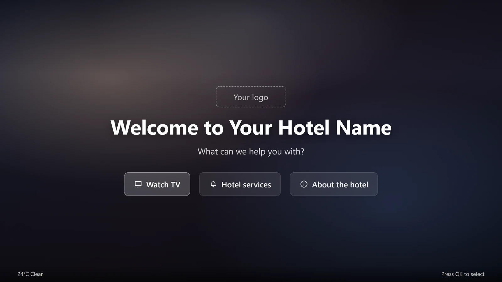 TV welcome screen: date, time, welcome line and service entries